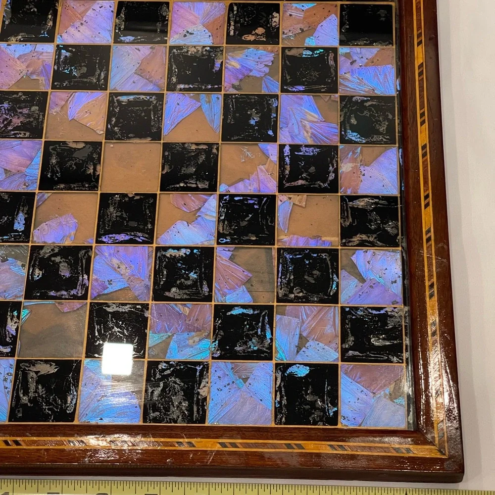 Vintage Chess Checker Board Rare Butterfly Wing Artwork Real inlaid wood BRAZIL - Picture 4 of 16